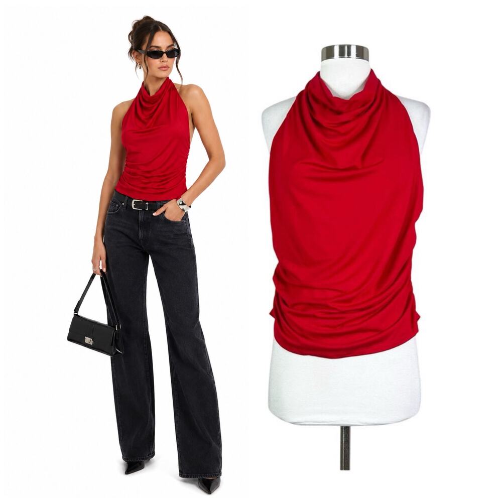 NEW Reformation | Enzo Red Knit Draped Open Back Halter Going Out Top NWT XL